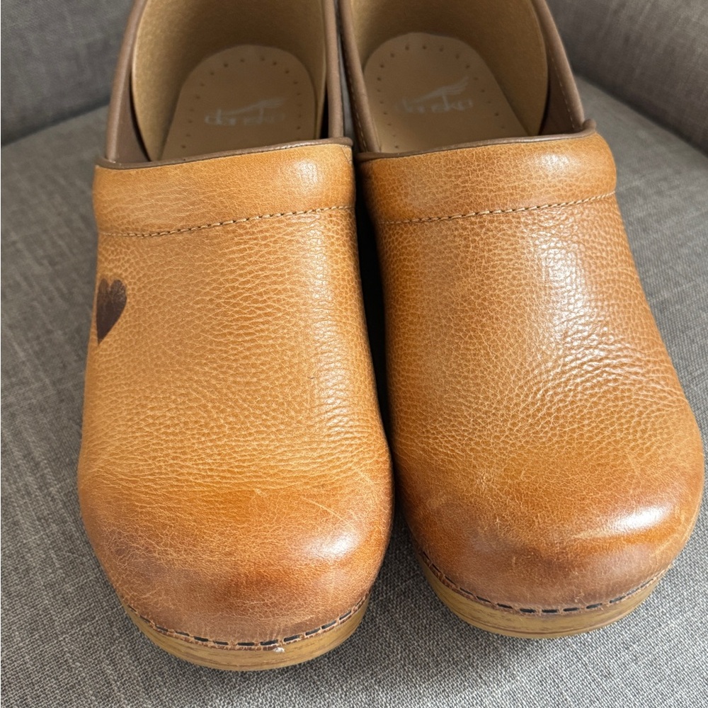 Dansko Tan Leather Clogs with Heart Detail